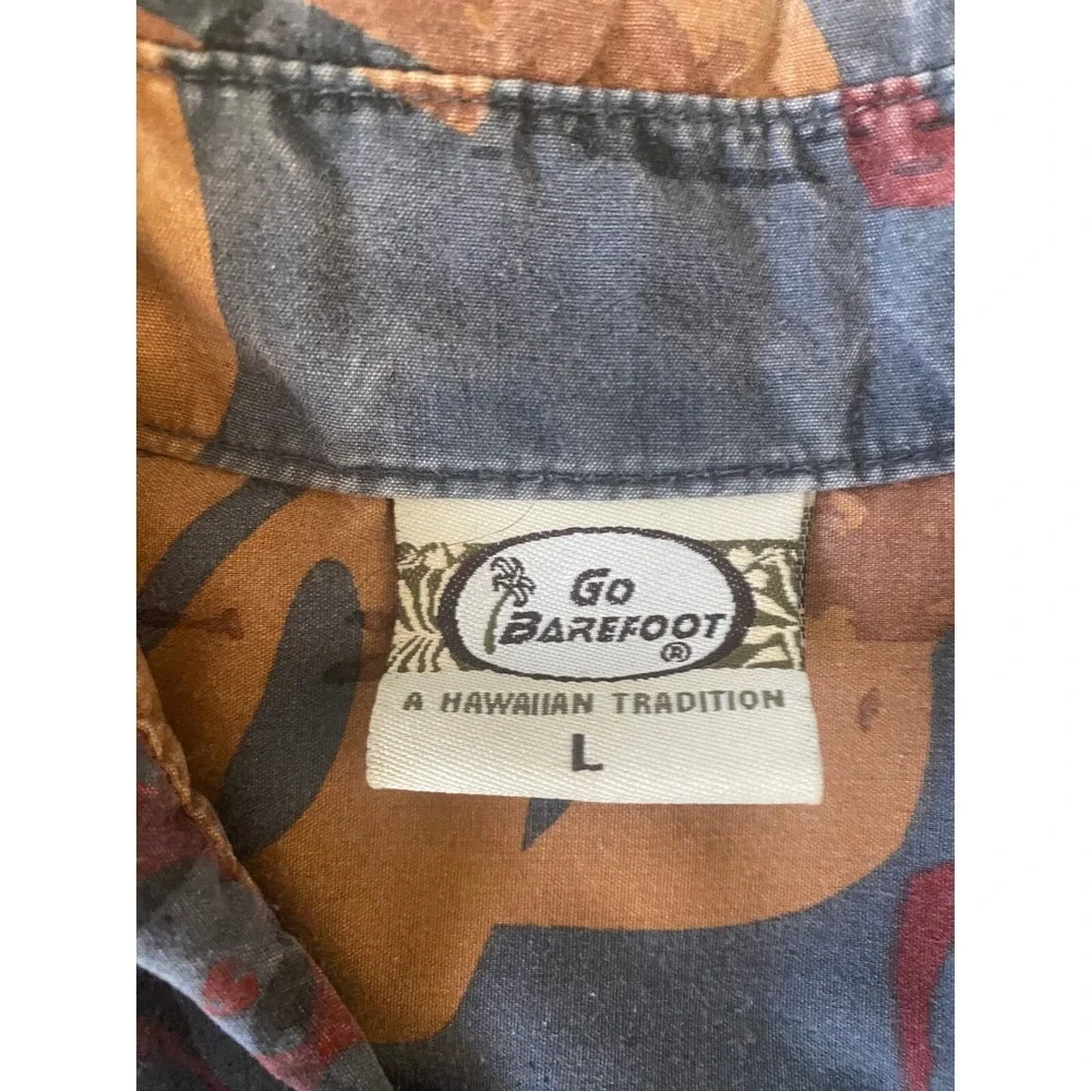 Go Barefoot Hawaiian Shirt Mens L Blue Orange‎ Tropical Monstera Made in USA
